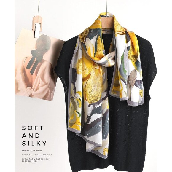 🆕 Women Yellow Mulberry Silk Long Scarf Large Oblong Shawl Head Neck Hair Wrap - Picture 4 of 5
